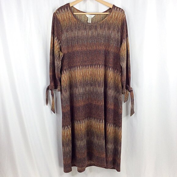 CJ Banks Women's Plus Size 1X Midi Dress Brown Shift Pencil Tie Sleeve Boho - Picture 1 of 6